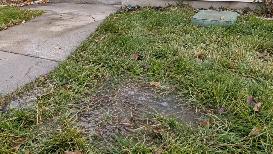 Soggy lawn strip above leaking 45 PSI pressurized irrigation lateral in Spanish Fork