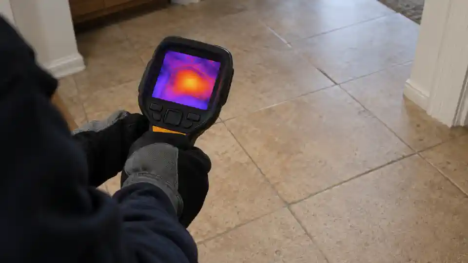 FLIR thermal camera showing warm tile hotspot over leaking copper slab line