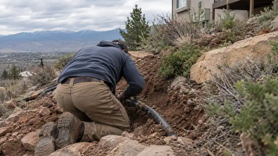 Tech checking an exposed line on a sloped lot during leak detection Elk Ridge UT visit