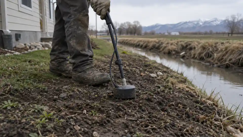Ground microphone on damp lakeside soil during leak detection Lake Shore UT visit