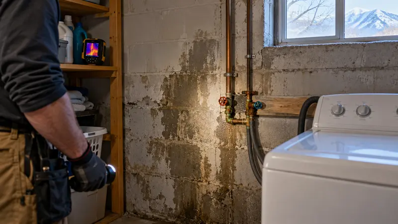 Damp older basement wall before leak detection
