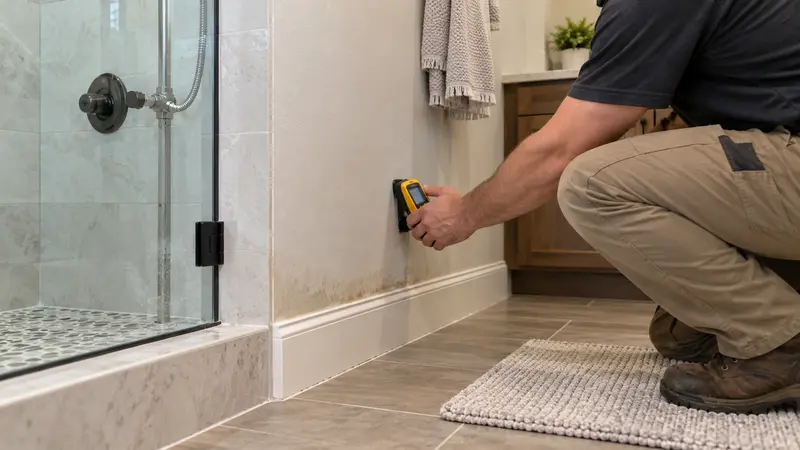 Damp basement bathroom wall before leak detection