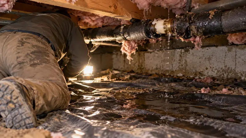 Damp crawlspace supply fitting before repair