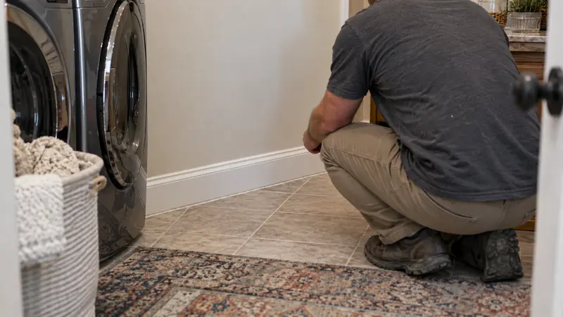 Dry patched laundry room wall after hidden supply leak repair