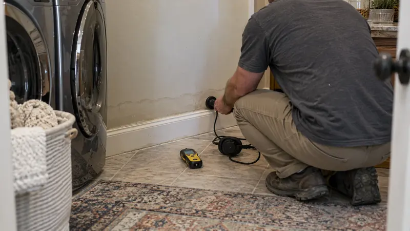Wet laundry room baseboard before hidden leak detection