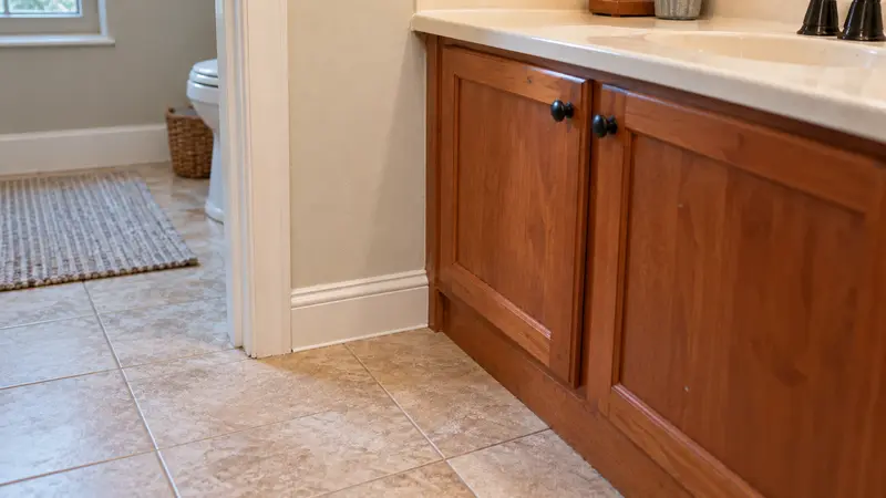 Restored dry vanity corner after documented repair