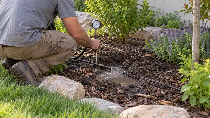 Bubbling garden bed before a second irrigation leak detection