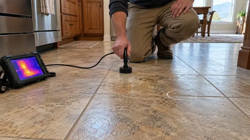 Marked tile hotspot before slab leak detection