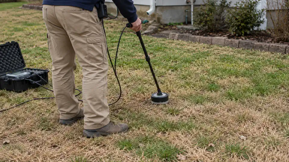 Ground microphone on a lawn during underground water leak detection Spanish Fork job
